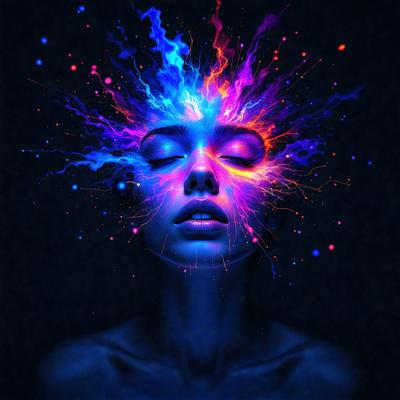 The primary subject of the image is a woman with a blue and purple head. She is the main focus of the image. The setting is a dark room, and the visual style is a digital art or illustration. The dominant colors in the image are blue and purple, creating a calm and serene atmosphere.